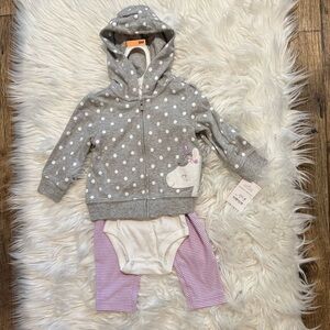 NEW Carter’s Baby Girl Gray Polka Dot Unicorn Hoodie 3‎ Piece Set Size 9 Months